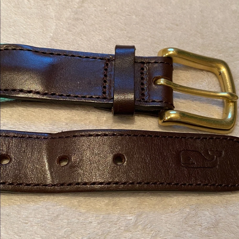 Vineyards Vines mint green woven belt with dark brown leather and brass buckle
